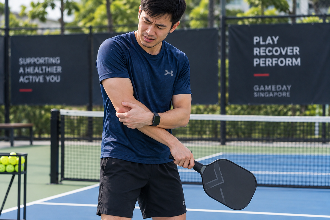 Pickleball player experiencing pain on the outside of the elbow